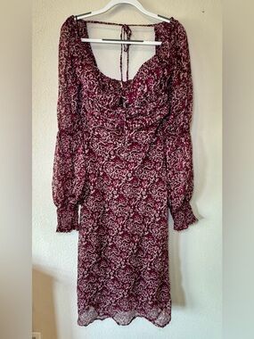 Free People Women's Burgundy Floral Long-Sleeve Midi Dress